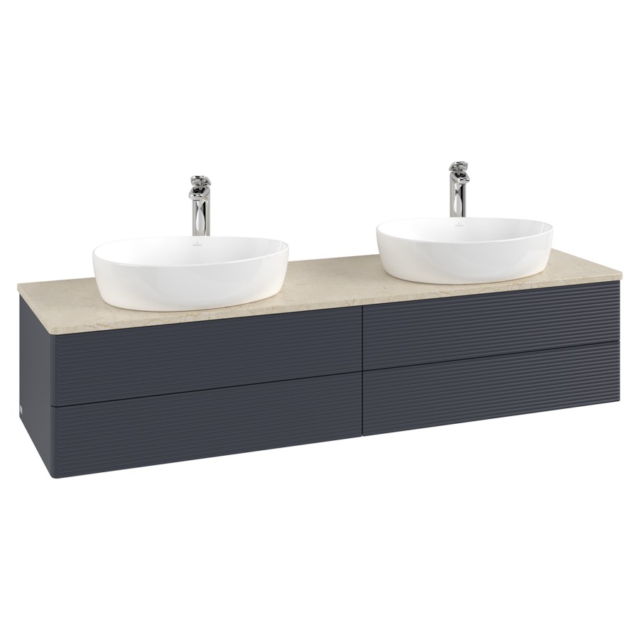 Élément inférieur  Antao
160 x 36 x 50 cm
2&nbsp;éléments de tiroir, 2&nbsp;tiroirs chacune
avec siphon gain de place
avec matériel de fixation
pour 2 lavabos à poser 101037/101039/234171
recouvrement Botticino, avec trou pour robinet
