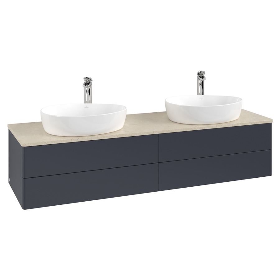 Élément inférieur  Antao
160 x 36 x 50 cm
2&nbsp;éléments de tiroir, 2&nbsp;tiroirs chacune
avec siphon gain de place
avec matériel de fixation
pour 2 lavabos à poser 101037/101039/234171
recouvrement Botticino, avec trou pour robinet