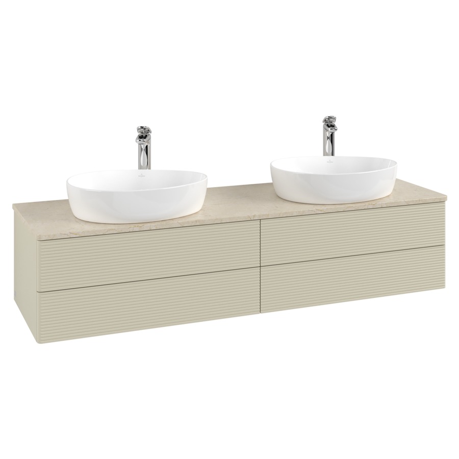 Élément inférieur  Antao
160 x 36 x 50 cm
2&nbsp;éléments de tiroir, 2&nbsp;tiroirs chacune
avec siphon gain de place
avec matériel de fixation
pour 2 lavabos à poser 101037/101039/234171
recouvrement Botticino, avec trou pour robinet