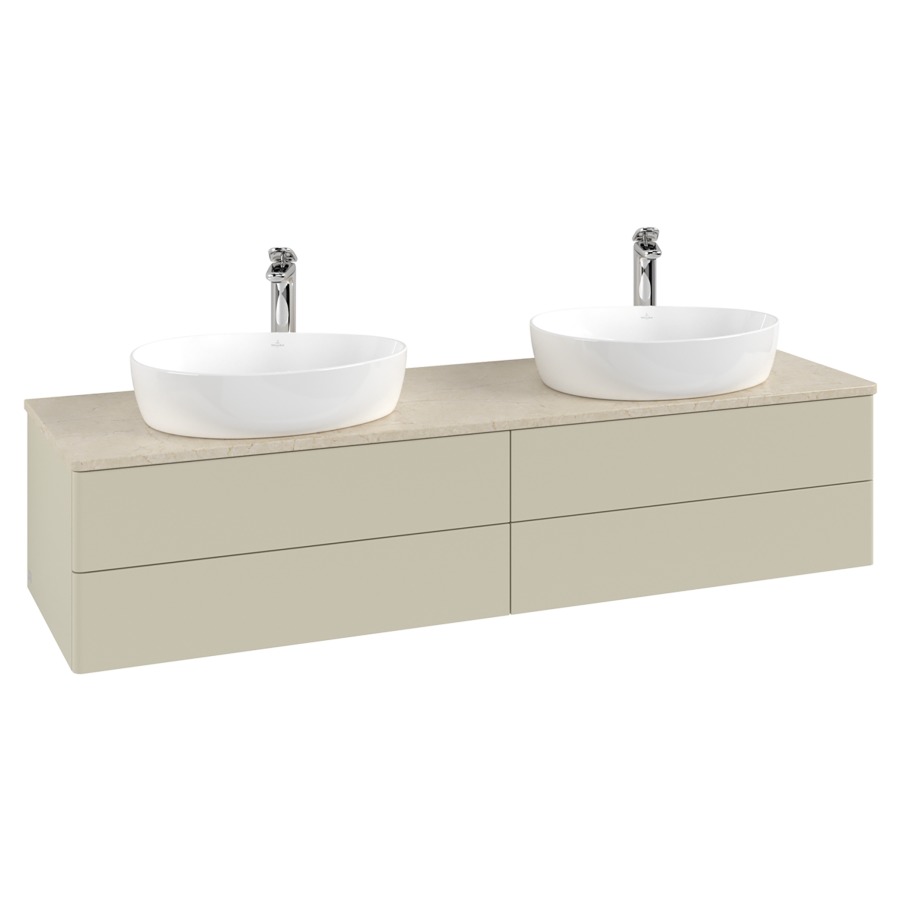 Élément inférieur  Antao
160 x 36 x 50 cm
2&nbsp;éléments de tiroir, 2&nbsp;tiroirs chacune
avec siphon gain de place
avec matériel de fixation
pour 2 lavabos à poser 101037/101039/234171
recouvrement Botticino, avec trou pour robinet