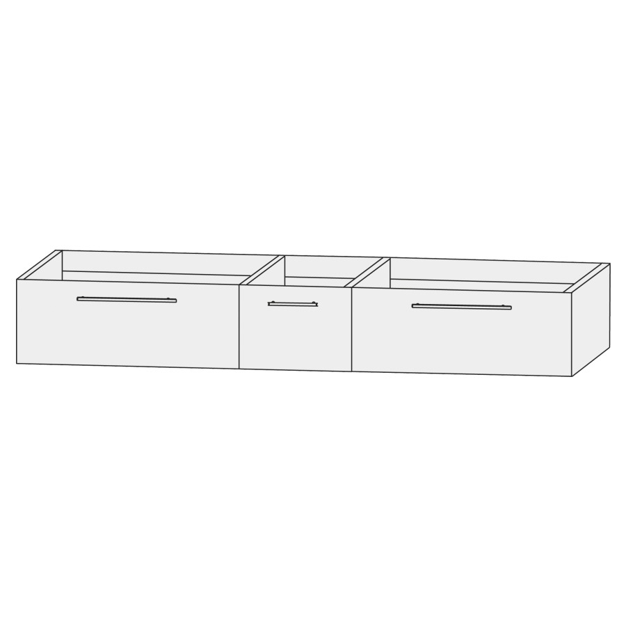 Élément inférieur  Design Line Tess
150 x 24 x 44 cm
3&nbsp;éléments de tiroir (60/30/60)
1&nbsp;tiroir chacune
pour lavabo double pour meuble 107852