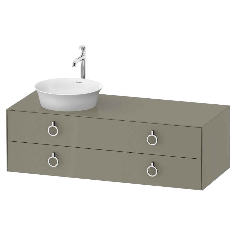 Élément inférieur WHITE TULIP
130,0 x 40,8 x 55,0 cm
élément à 2 tiroirs
pour lavabo à poser à gauche
avec plaque de recouvrement
poignée: chrome polie