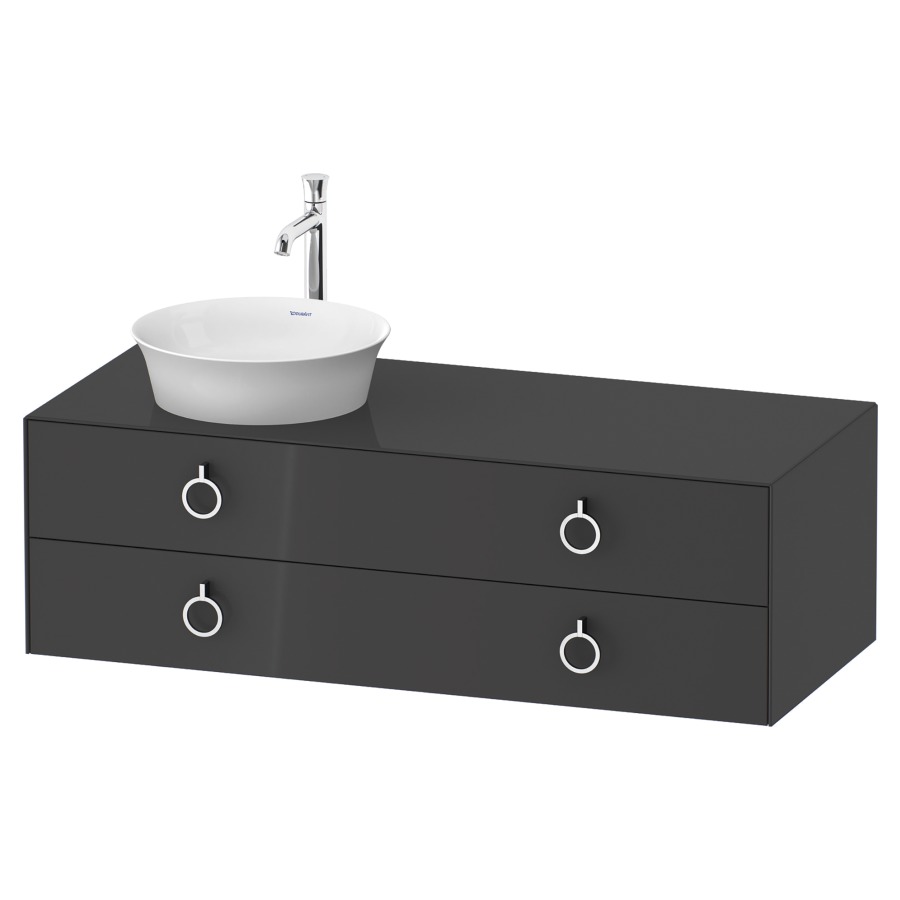 Élément inférieur WHITE TULIP
130,0 x 40,8 x 55,0 cm
élément à 2 tiroirs
pour lavabo à poser à gauche
avec plaque de recouvrement
poignée: chrome polie