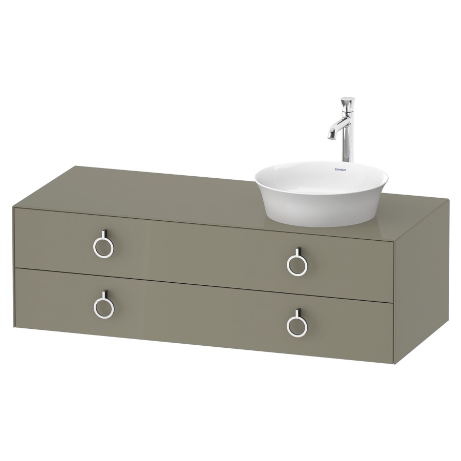 Élément inférieur WHITE TULIP
130,0 x 40,8 x 55,0 cm
élément à 2 tiroirs
pour lavabo à poser à droite
avec plaque de recouvrement
poignée: chrome polie