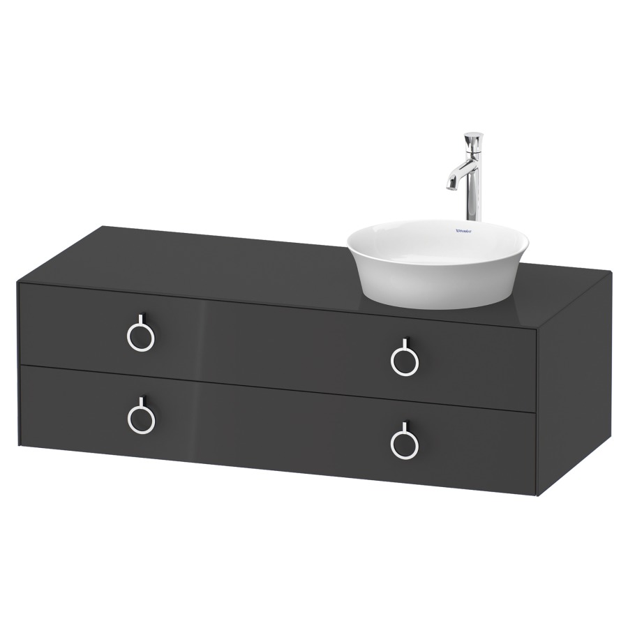 Élément inférieur WHITE TULIP
130,0 x 40,8 x 55,0 cm
élément à 2 tiroirs
pour lavabo à poser à droite
avec plaque de recouvrement
poignée: chrome polie