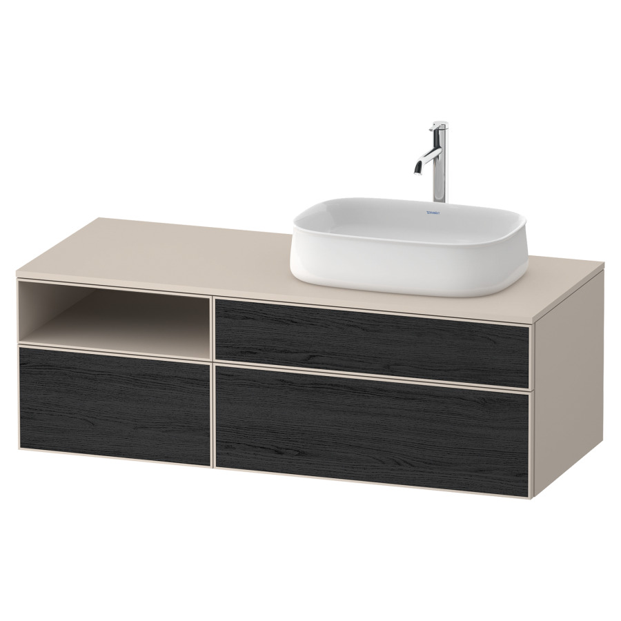 Élément inférieur ZENCHA
130,0 x 44,2 x 55,0 cm
suspendu, 2 éléments, 1x 2
tiroirs, 1x 1 tiroir et niche
ouverte à gauche, avec plaque
de recouvrement
Front: chêne noir mat