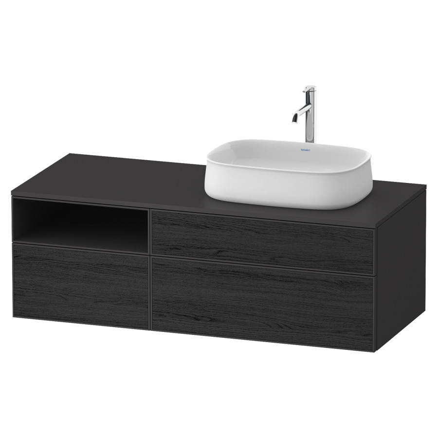 Élément inférieur ZENCHA
130,0 x 44,2 x 55,0 cm
suspendu, 2 éléments, 1x 2
tiroirs, 1x 1 tiroir et niche
ouverte à gauche, avec plaque
de recouvrement
Front: chêne noir mat