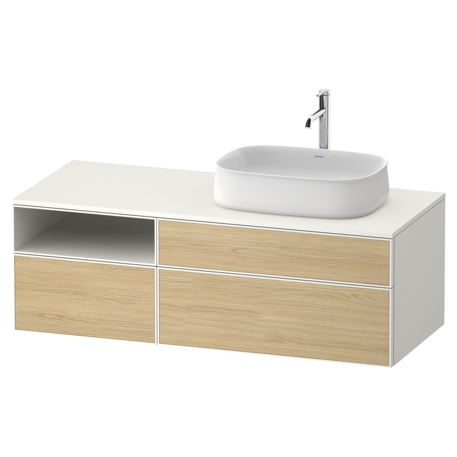 Élément inférieur ZENCHA
130,0 x 44,2 x 55,0 cm
suspendu, 2 éléments, 1x 2
tiroirs, 1x 1 tiroir et niche
ouverte à gauche, avec plaque
de recouvrement
Front: chêne naturel mat