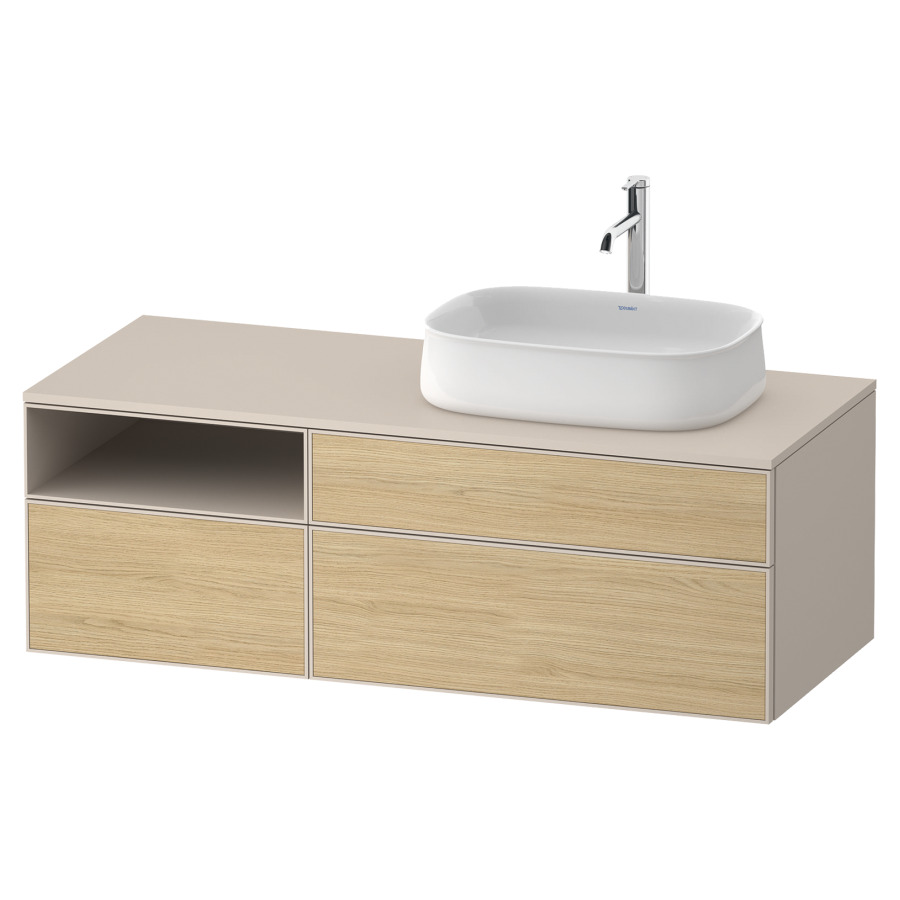 Élément inférieur ZENCHA
130,0 x 44,2 x 55,0 cm
suspendu, 2 éléments, 1x 2
tiroirs, 1x 1 tiroir et niche
ouverte à gauche, avec plaque
de recouvrement
Front: chêne naturel mat