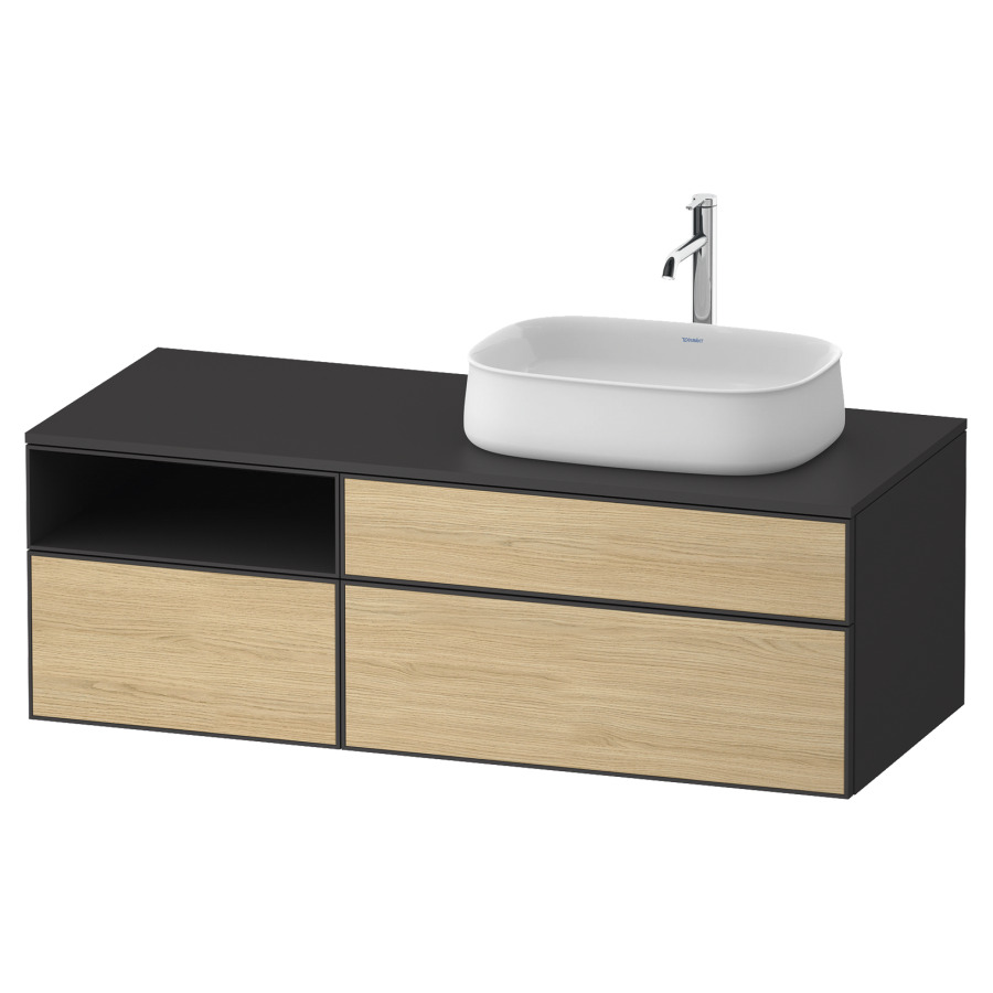 Élément inférieur ZENCHA
130,0 x 44,2 x 55,0 cm
suspendu, 2 éléments, 1x 2
tiroirs, 1x 1 tiroir et niche
ouverte à gauche, avec plaque
de recouvrement
Front: chêne naturel mat