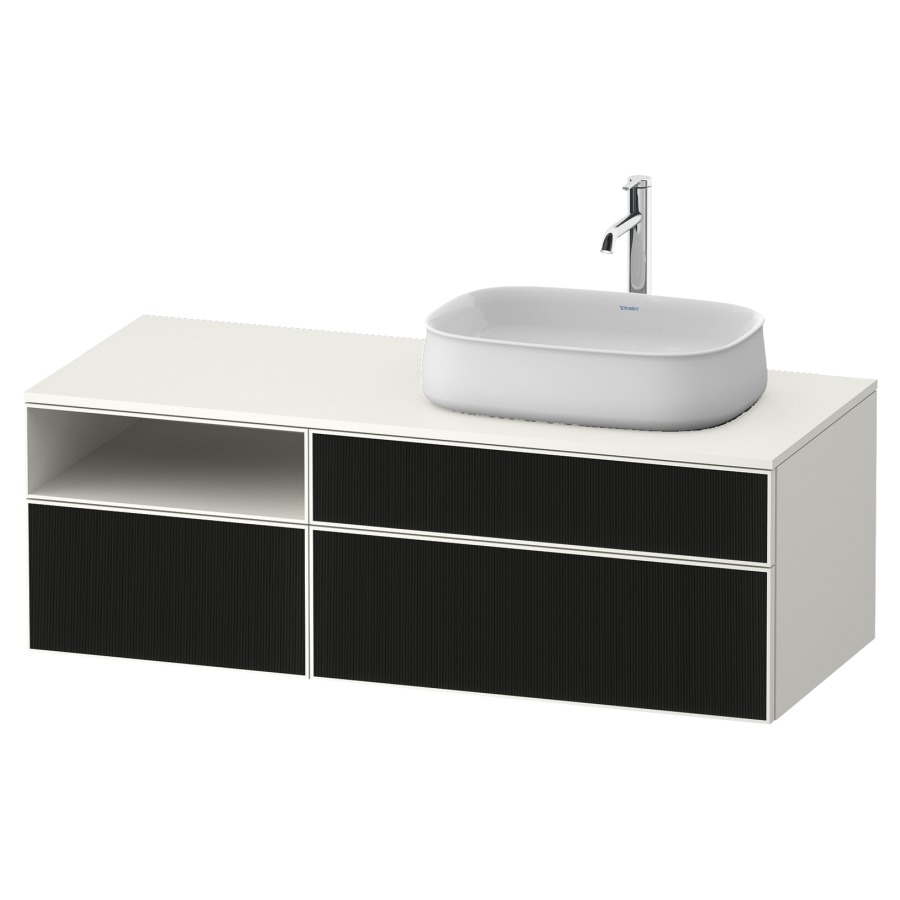 Élément inférieur ZENCHA
130,0 x 44,2 x 55,0 cm
suspendu, 2 éléments, 1x 2
tiroirs, 1x 1 tiroir et niche
ouverte à gauche, avec plaque
de recouvrement
Front: noir structure linéaire