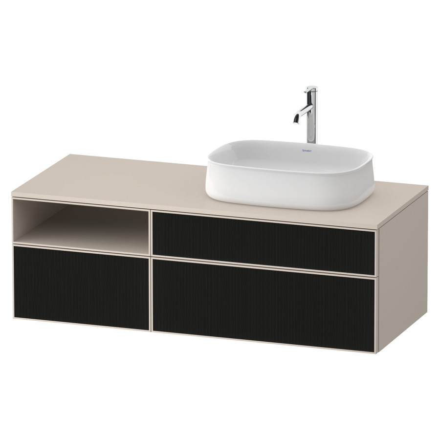 Élément inférieur ZENCHA
130,0 x 44,2 x 55,0 cm
suspendu, 2 éléments, 1x 2
tiroirs, 1x 1 tiroir et niche
ouverte à gauche, avec plaque
de recouvrement
Front: noir structure linéaire