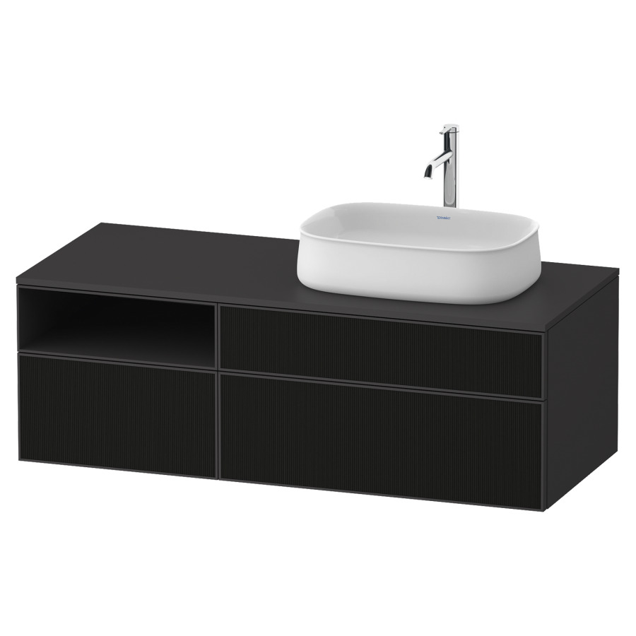 Élément inférieur ZENCHA
130,0 x 44,2 x 55,0 cm
suspendu, 2 éléments, 1x 2
tiroirs, 1x 1 tiroir et niche
ouverte à gauche, avec plaque
de recouvrement
Front: noir structure linéaire
