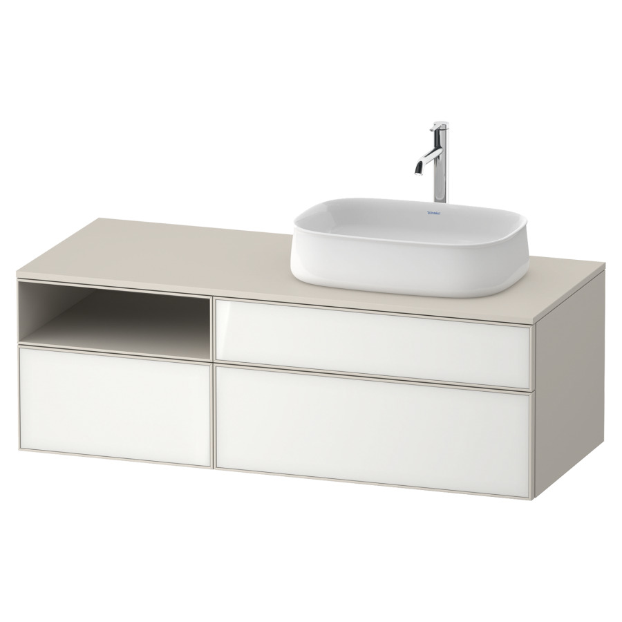 Élément inférieur ZENCHA
130,0 x 44,2 x 55,0 cm
suspendu, 2 éléments, 1x 2
tiroirs, 1x 1 tiroir et niche
ouverte à gauche, avec plaque
de recouvrement
Front: blanc