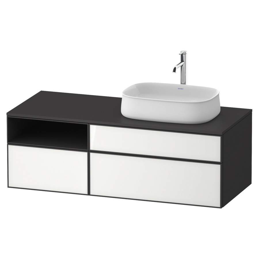 Élément inférieur ZENCHA
130,0 x 44,2 x 55,0 cm
suspendu, 2 éléments, 1x 2
tiroirs, 1x 1 tiroir et niche
ouverte à gauche, avec plaque
de recouvrement
Front: blanc