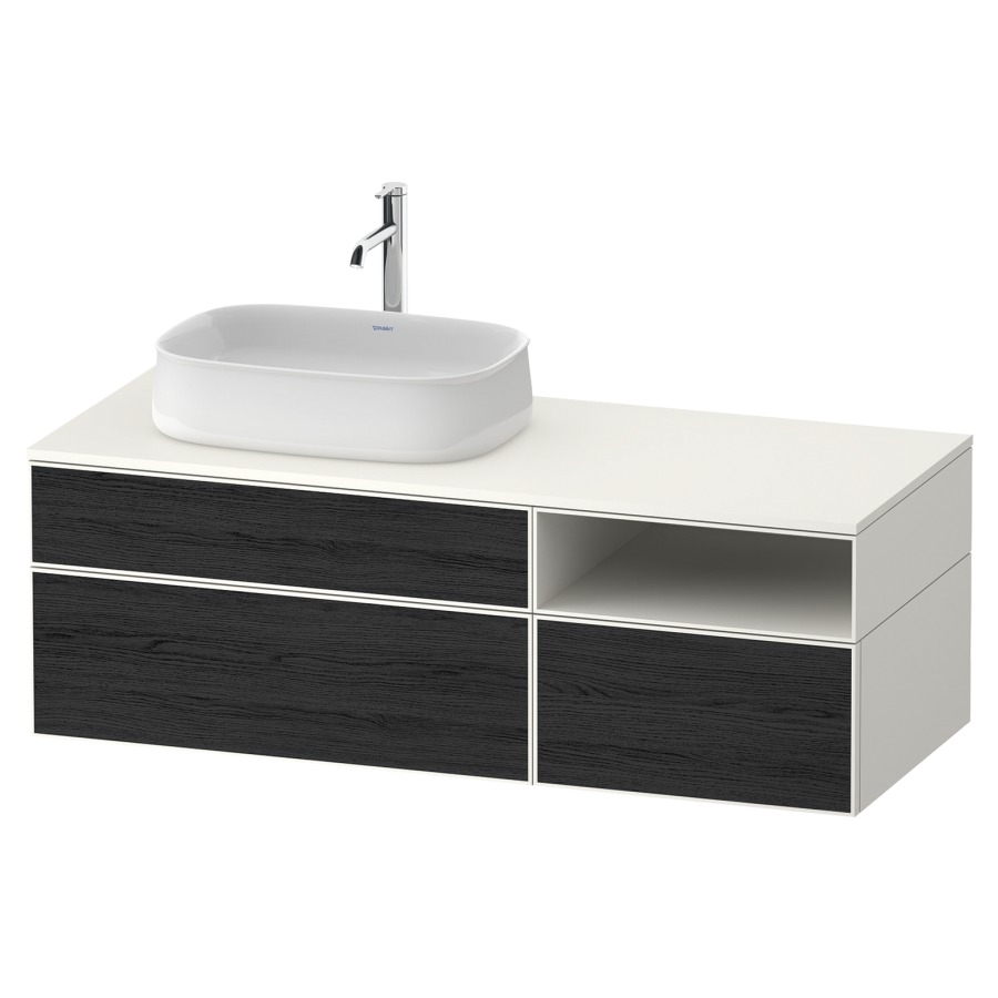 Élément inférieur ZENCHA
130,0 x 44,2 x 55,0 cm
suspendu, 2 éléments, 1x 2
tiroirs, 1x 1 tiroir et niche
ouverte à droite, avec plaque
de recouvrement
Front: chêne noir mat