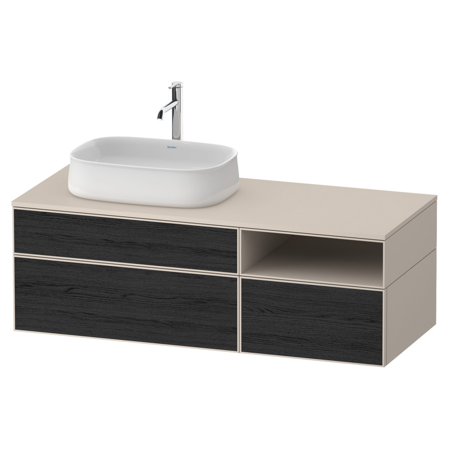 Élément inférieur ZENCHA
130,0 x 44,2 x 55,0 cm
suspendu, 2 éléments, 1x 2
tiroirs, 1x 1 tiroir et niche
ouverte à droite, avec plaque
de recouvrement
Front: chêne noir mat