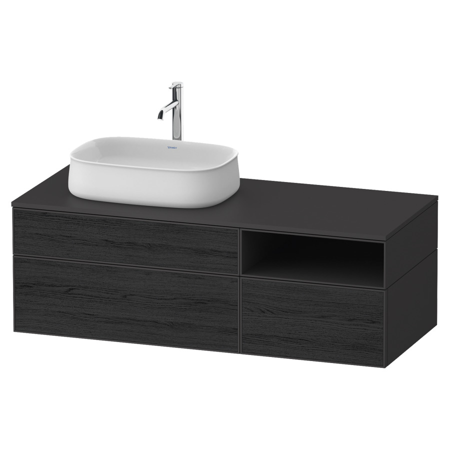 Élément inférieur ZENCHA
130,0 x 44,2 x 55,0 cm
suspendu, 2 éléments, 1x 2
tiroirs, 1x 1 tiroir et niche
ouverte à droite, avec plaque
de recouvrement
Front: chêne noir mat