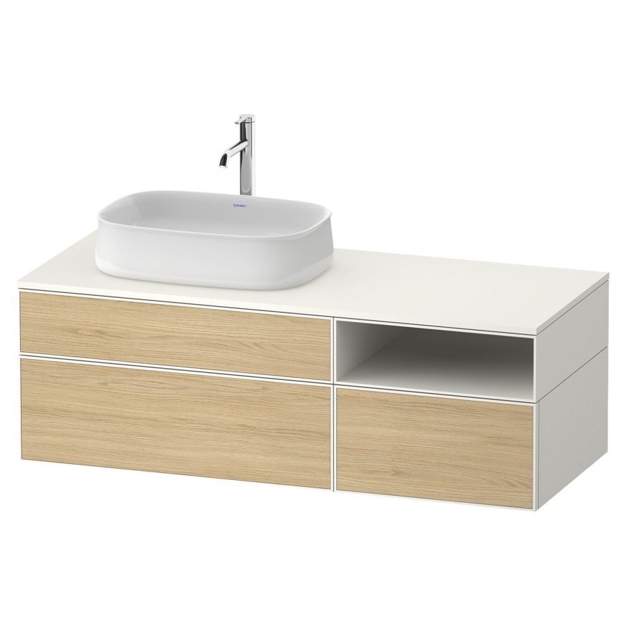 Élément inférieur ZENCHA
130,0 x 44,2 x 55,0 cm
suspendu, 2 éléments, 1x 2
tiroirs, 1x 1 tiroir et niche
ouverte à droite, avec plaque
de recouvrement
Front: chêne naturel mat