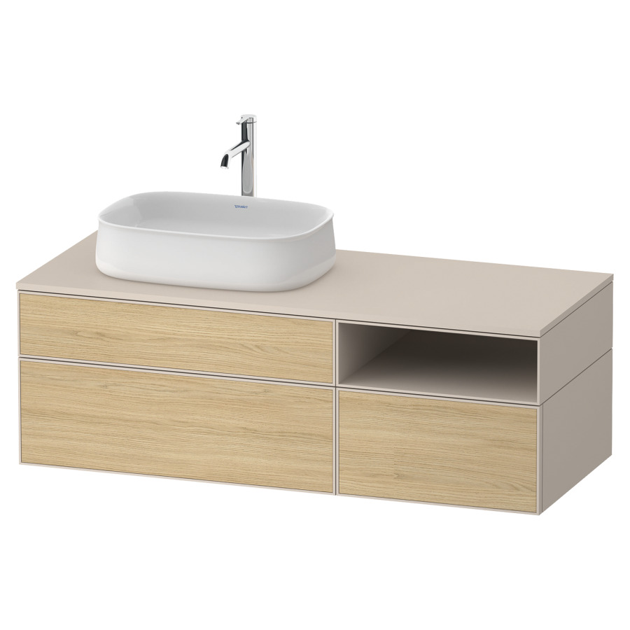 Élément inférieur ZENCHA
130,0 x 44,2 x 55,0 cm
suspendu, 2 éléments, 1x 2
tiroirs, 1x 1 tiroir et niche
ouverte à droite, avec plaque
de recouvrement
Front: chêne naturel mat