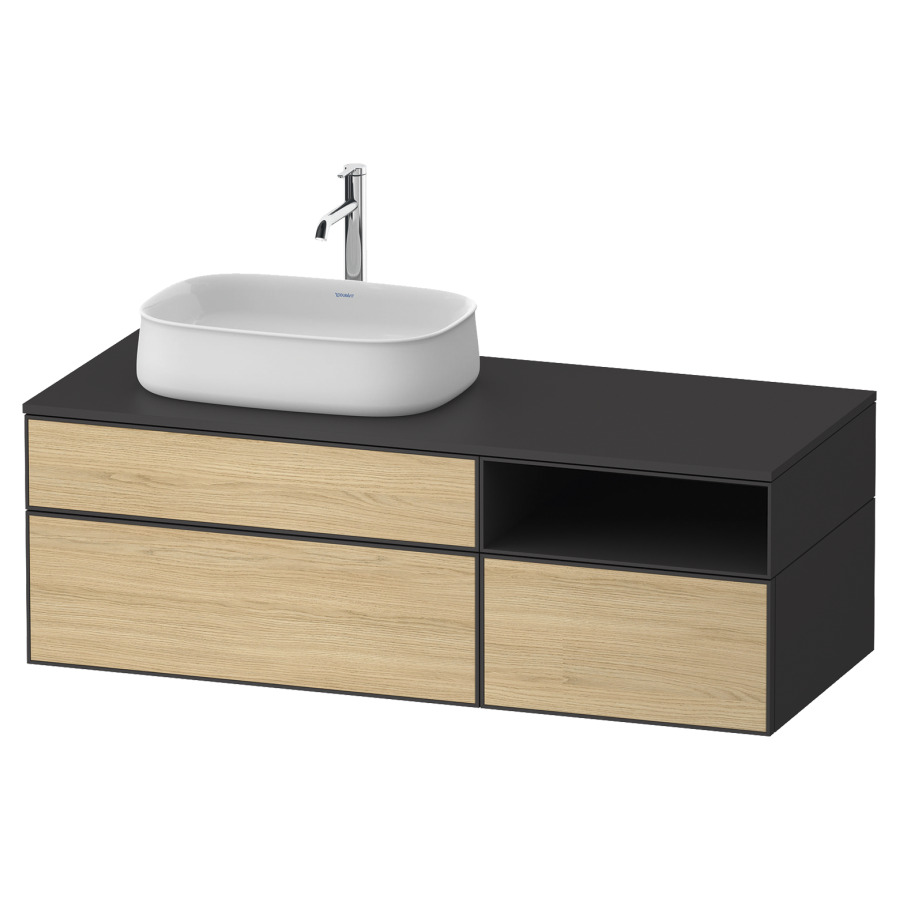 Élément inférieur ZENCHA
130,0 x 44,2 x 55,0 cm
suspendu, 2 éléments, 1x 2
tiroirs, 1x 1 tiroir et niche
ouverte à droite, avec plaque
de recouvrement
Front: chêne naturel mat