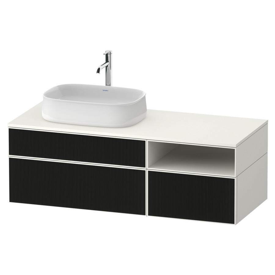 Élément inférieur ZENCHA
130,0 x 44,2 x 55,0 cm
suspendu, 2 éléments, 1x 2
tiroirs, 1x 1 tiroir et niche
ouverte à droite, avec plaque
de recouvrement
Front: noir structure linéaire