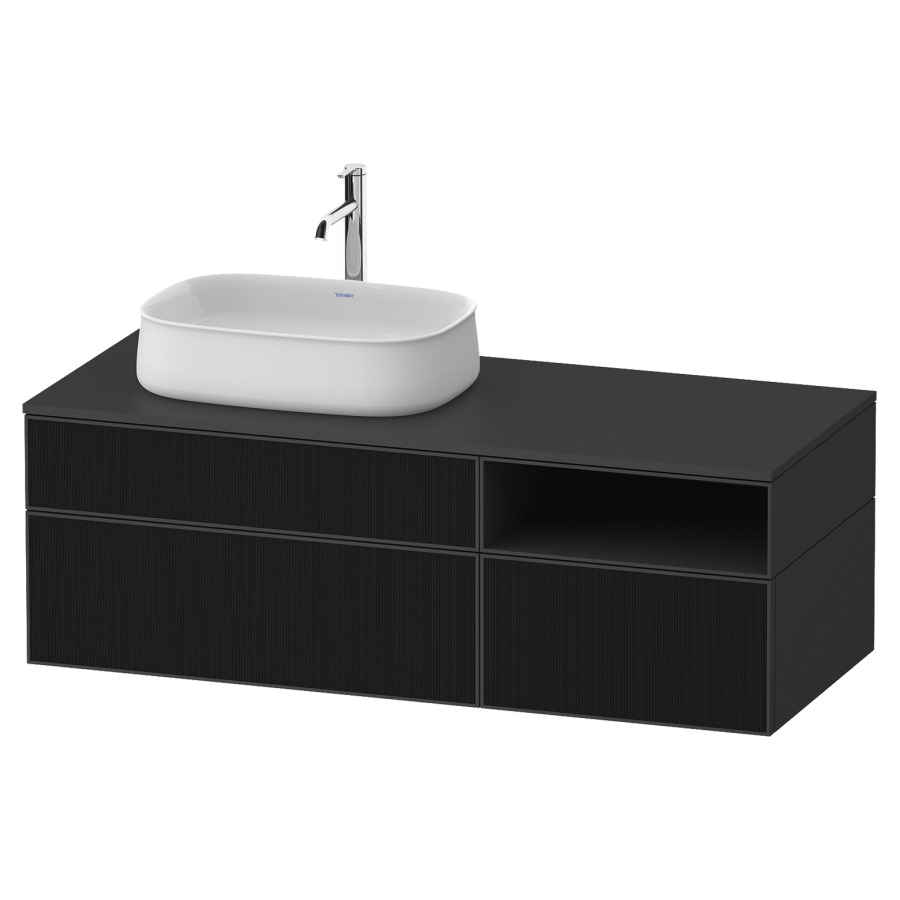 Élément inférieur ZENCHA
130,0 x 44,2 x 55,0 cm
suspendu, 2 éléments, 1x 2
tiroirs, 1x 1 tiroir et niche
ouverte à droite, avec plaque
de recouvrement
Front: noir structure linéaire