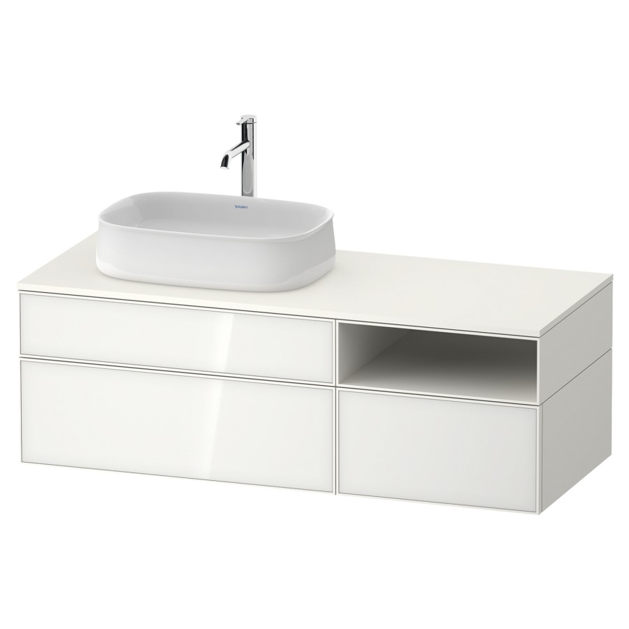 Élément inférieur ZENCHA
130,0 x 44,2 x 55,0 cm
suspendu, 2 éléments, 1x 2
tiroirs, 1x 1 tiroir et niche
ouverte à droite, avec plaque
de recouvrement
Front: blanc