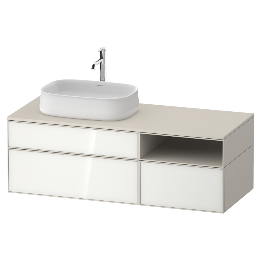 Élément inférieur ZENCHA
130,0 x 44,2 x 55,0 cm
suspendu, 2 éléments, 1x 2
tiroirs, 1x 1 tiroir et niche
ouverte à droite, avec plaque
de recouvrement
Front: blanc
