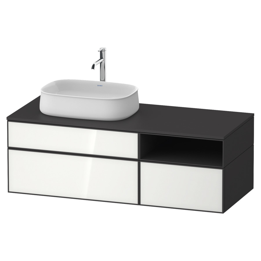 Élément inférieur ZENCHA
130,0 x 44,2 x 55,0 cm
suspendu, 2 éléments, 1x 2
tiroirs, 1x 1 tiroir et niche
ouverte à droite, avec plaque
de recouvrement
Front: blanc