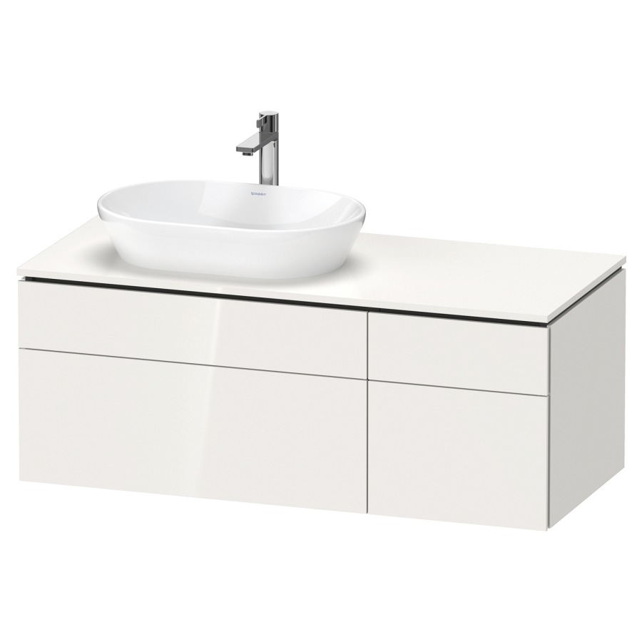 Élément inférieur L-CUBE
122,0 x 48,2 x 55,0 cm
suspendu, 2 éléments à chacun
2 tiroirs, pour lavabo
à gauche, découpe de siphon
inclus