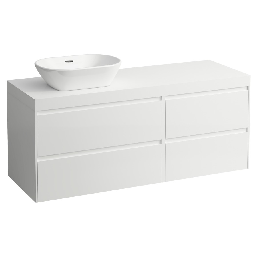 Waschtischmöbel LANI
137,0 x 58,0 x 49,5 cm
Waschtischplatte weiss matt
für Aufsatzwaschtisch
Ausschnitt links
2 Schubladenelemente
(60/80 cm), je 2 Schubladen