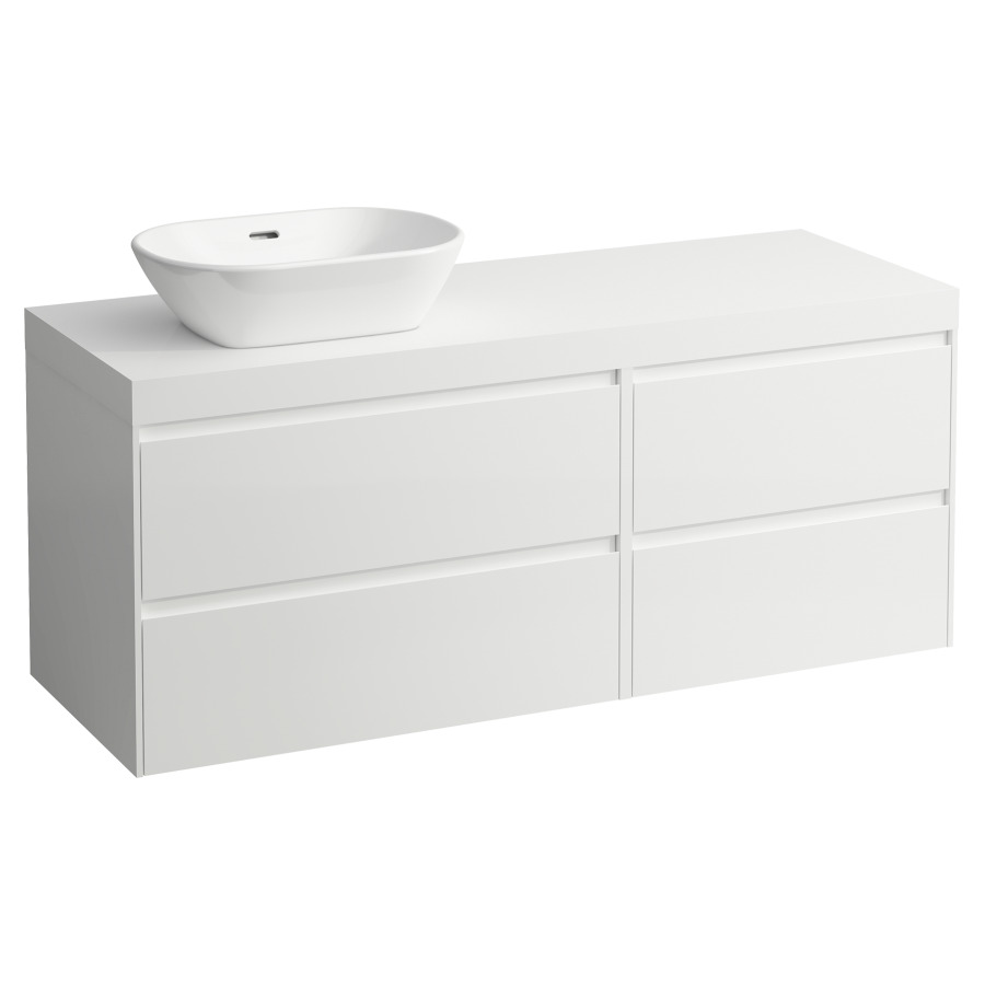 Waschtischmöbel LANI
137,0 x 58,0 x 49,5 cm
Waschtischplatte weiss matt
für Aufsatzwaschtisch
Ausschnitt links
2 Schubladenelemente
(60/80 cm), je 2 Schubladen