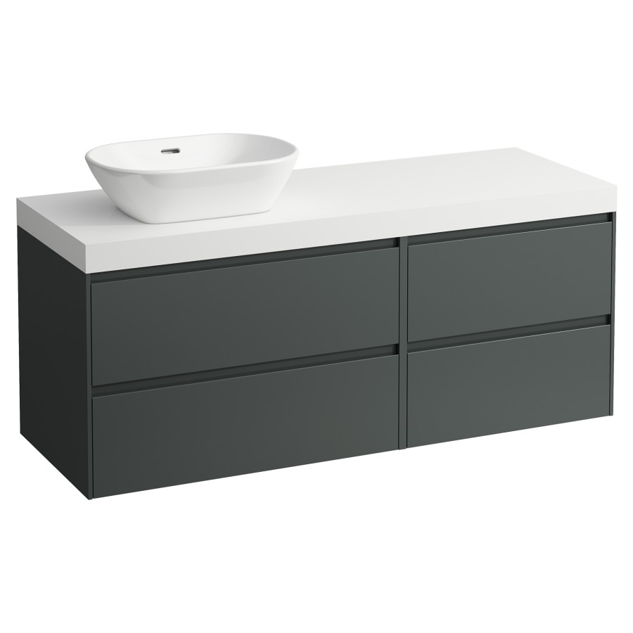 Waschtischmöbel LANI
137,0 x 58,0 x 49,5 cm
Waschtischplatte weiss matt
für Aufsatzwaschtisch
Ausschnitt links
2 Schubladenelemente
(60/80 cm), je 2 Schubladen