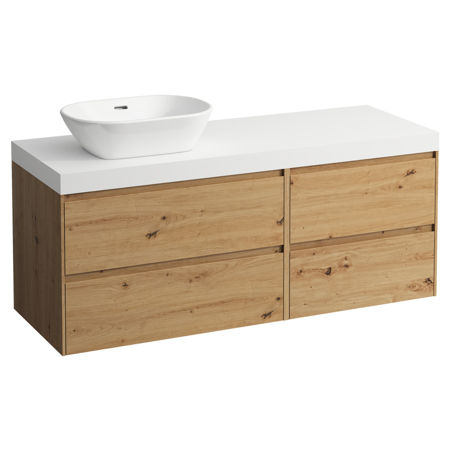 Waschtischmöbel LANI
137,0 x 58,0 x 49,5 cm
Waschtischplatte weiss matt
für Aufsatzwaschtisch
Ausschnitt links
2 Schubladenelemente
(60/80 cm), je 2 Schubladen