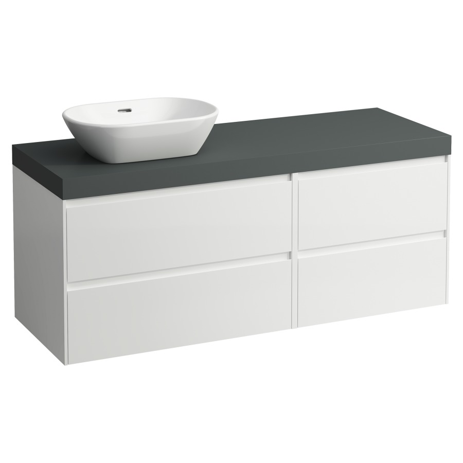 Waschtischmöbel LANI
137,0 x 58,0 x 49,5 cm
Waschtischplatte grau
für Aufsatzwaschtisch
Ausschnitt links
2 Schubladenelemente
(80/60 cm), je 2 Schubladen