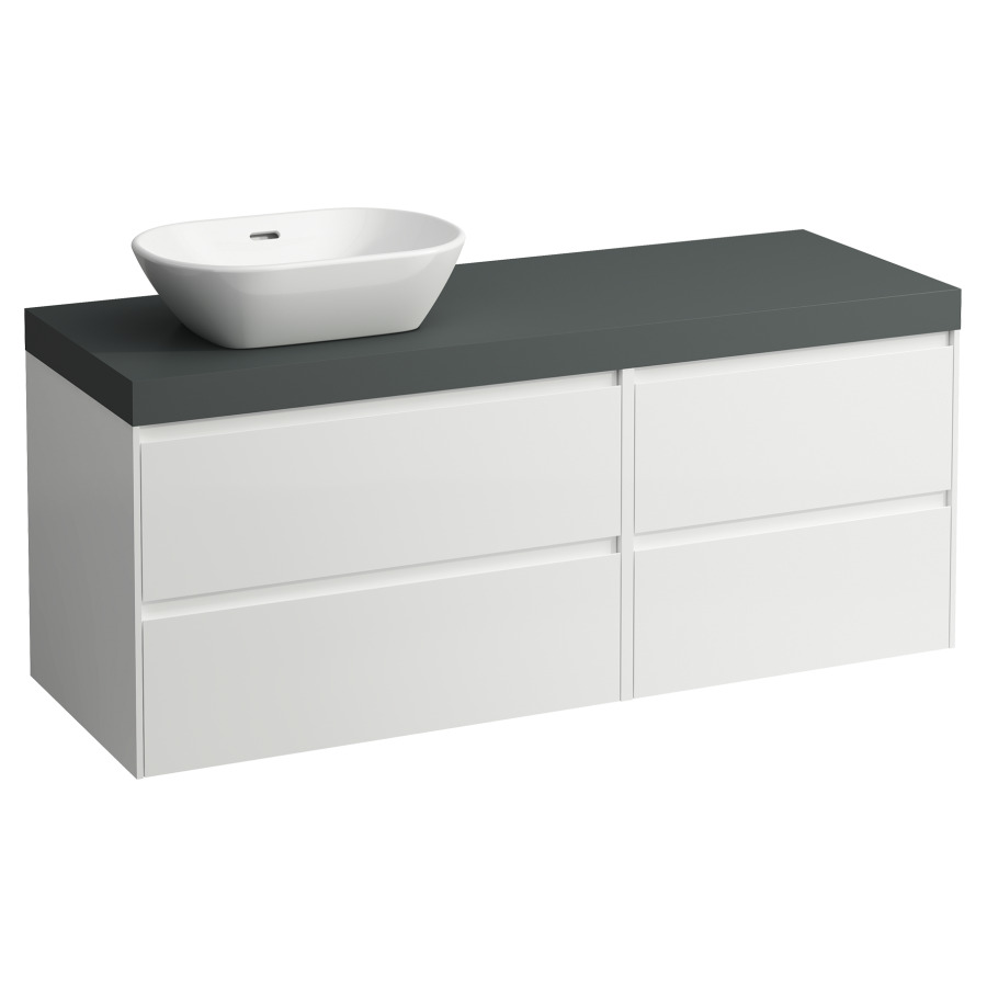 Waschtischmöbel LANI
137,0 x 58,0 x 49,5 cm
Waschtischplatte grau
für Aufsatzwaschtisch
Ausschnitt links
2 Schubladenelemente
(80/60 cm), je 2 Schubladen