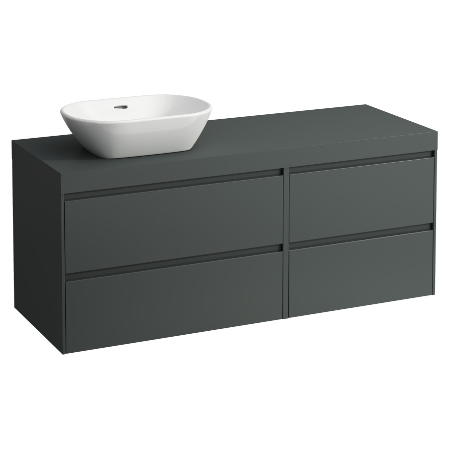 Waschtischmöbel LANI
137,0 x 58,0 x 49,5 cm
Waschtischplatte grau
für Aufsatzwaschtisch
Ausschnitt links
2 Schubladenelemente
(80/60 cm), je 2 Schubladen