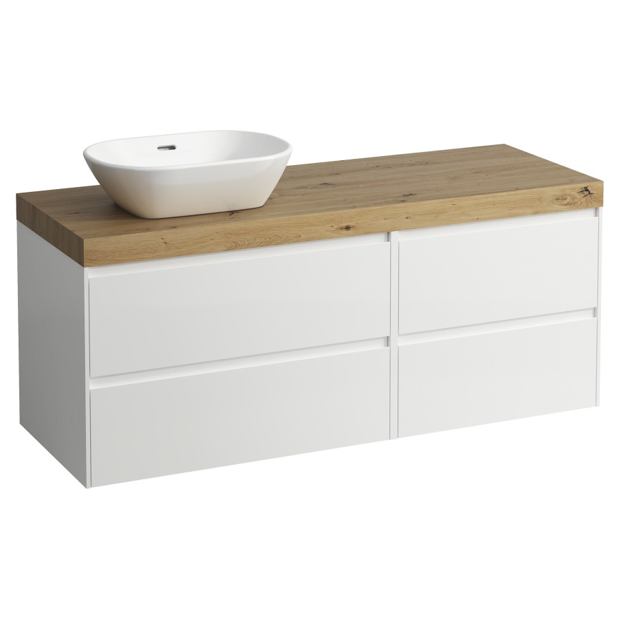 Waschtischmöbel LANI
137,0 x 58,0 x 49,5 cm
Waschtischplatte Eiche
für Aufsatzwaschtisch
Ausschnitt links
2 Schubladenelemente
(80/60 cm), je 2 Schubladen