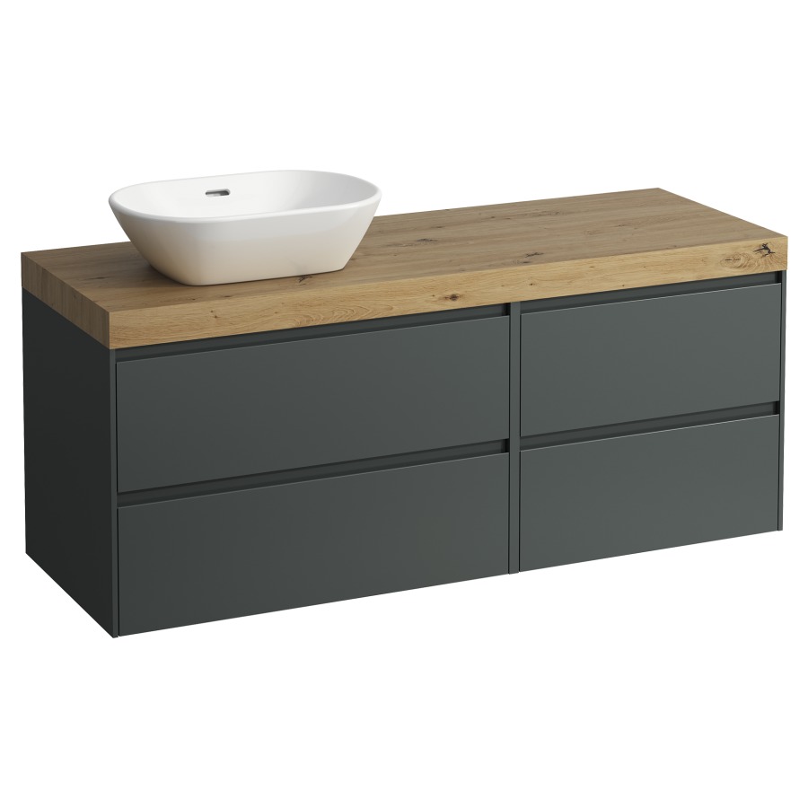 Waschtischmöbel LANI
137,0 x 58,0 x 49,5 cm
Waschtischplatte Eiche
für Aufsatzwaschtisch
Ausschnitt links
2 Schubladenelemente
(80/60 cm), je 2 Schubladen