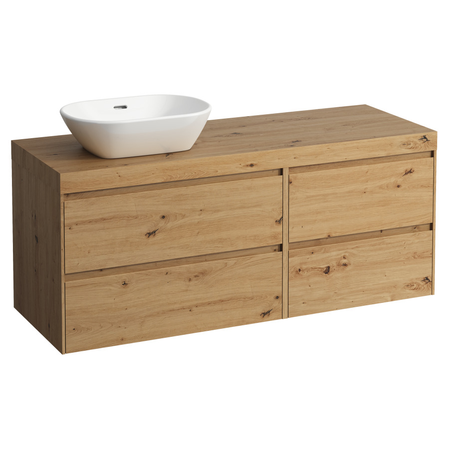 Waschtischmöbel LANI
137,0 x 58,0 x 49,5 cm
Waschtischplatte Eiche
für Aufsatzwaschtisch
Ausschnitt links
2 Schubladenelemente
(80/60 cm), je 2 Schubladen