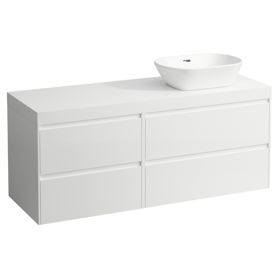 Waschtischmöbel LANI
137,0 x 58,0 x 49,5 cm
Waschtischplatte weiss matt
für Aufsatzwaschtisch
Ausschnitt rechts
2 Schubladenelemente
(80/60 cm), je 2 Schubladen