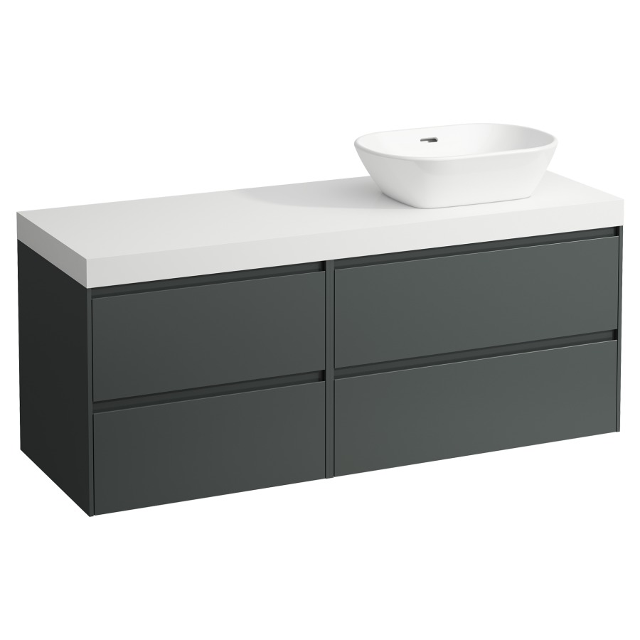 Waschtischmöbel LANI
137,0 x 58,0 x 49,5 cm
Waschtischplatte weiss matt
für Aufsatzwaschtisch
Ausschnitt rechts
2 Schubladenelemente
(80/60 cm), je 2 Schubladen