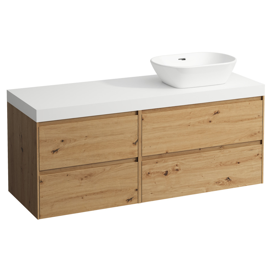 Waschtischmöbel LANI
137,0 x 58,0 x 49,5 cm
Waschtischplatte weiss matt
für Aufsatzwaschtisch
Ausschnitt rechts
2 Schubladenelemente
(80/60 cm), je 2 Schubladen