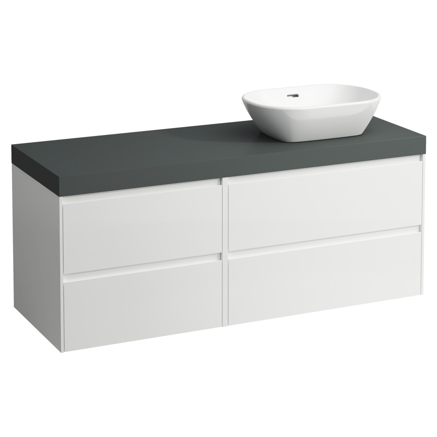 Waschtischmöbel LANI
137,0 x 58,0 x 49,5 cm
Waschtischplatte grau
für Aufsatzwaschtisch
Ausschnitt rechts
2 Schubladenelemente
(80/60 cm), je 2 Schubladen