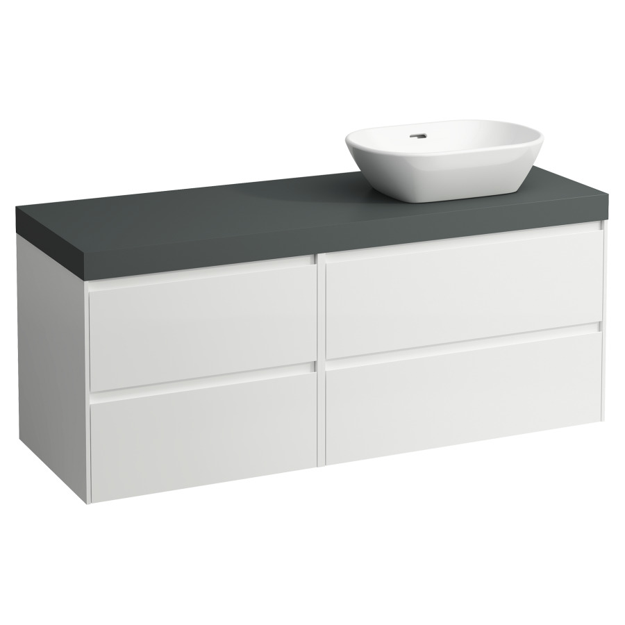 Waschtischmöbel LANI
137,0 x 58,0 x 49,5 cm
Waschtischplatte grau
für Aufsatzwaschtisch
Ausschnitt rechts
2 Schubladenelemente
(80/60 cm), je 2 Schubladen