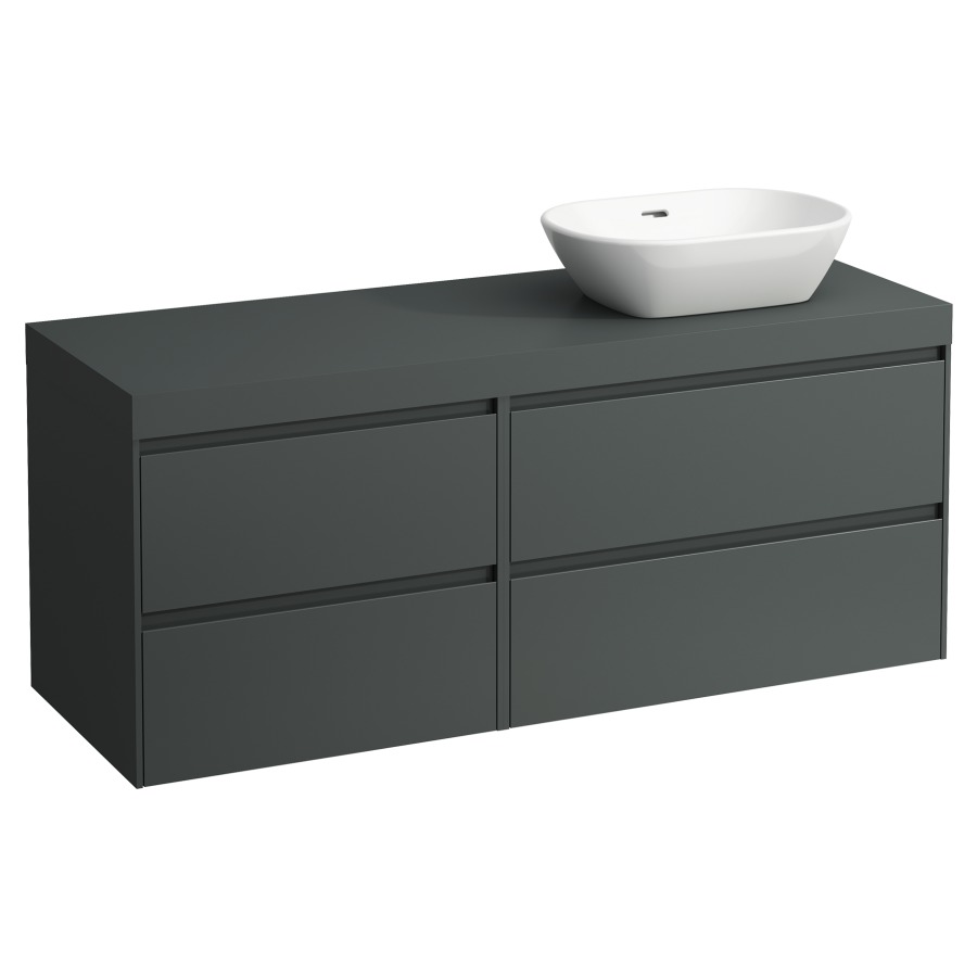 Waschtischmöbel LANI
137,0 x 58,0 x 49,5 cm
Waschtischplatte grau
für Aufsatzwaschtisch
Ausschnitt rechts
2 Schubladenelemente
(80/60 cm), je 2 Schubladen