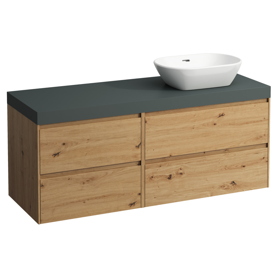 Waschtischmöbel LANI
137,0 x 58,0 x 49,5 cm
Waschtischplatte grau
für Aufsatzwaschtisch
Ausschnitt rechts
2 Schubladenelemente
(80/60 cm), je 2 Schubladen