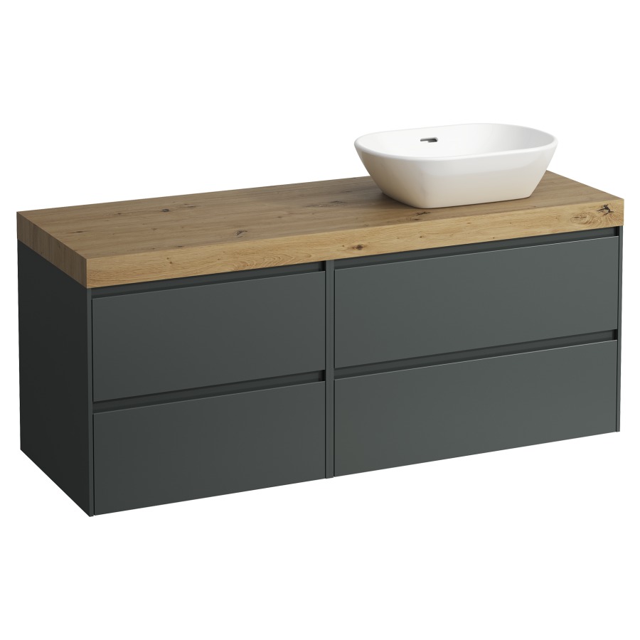 Waschtischmöbel LANI
137,0 x 58,0 x 49,5 cm
Waschtischplatte Eiche
für Aufsatzwaschtisch
Ausschnitt rechts
2 Schubladenelemente
(80/60 cm), je 2 Schubladen