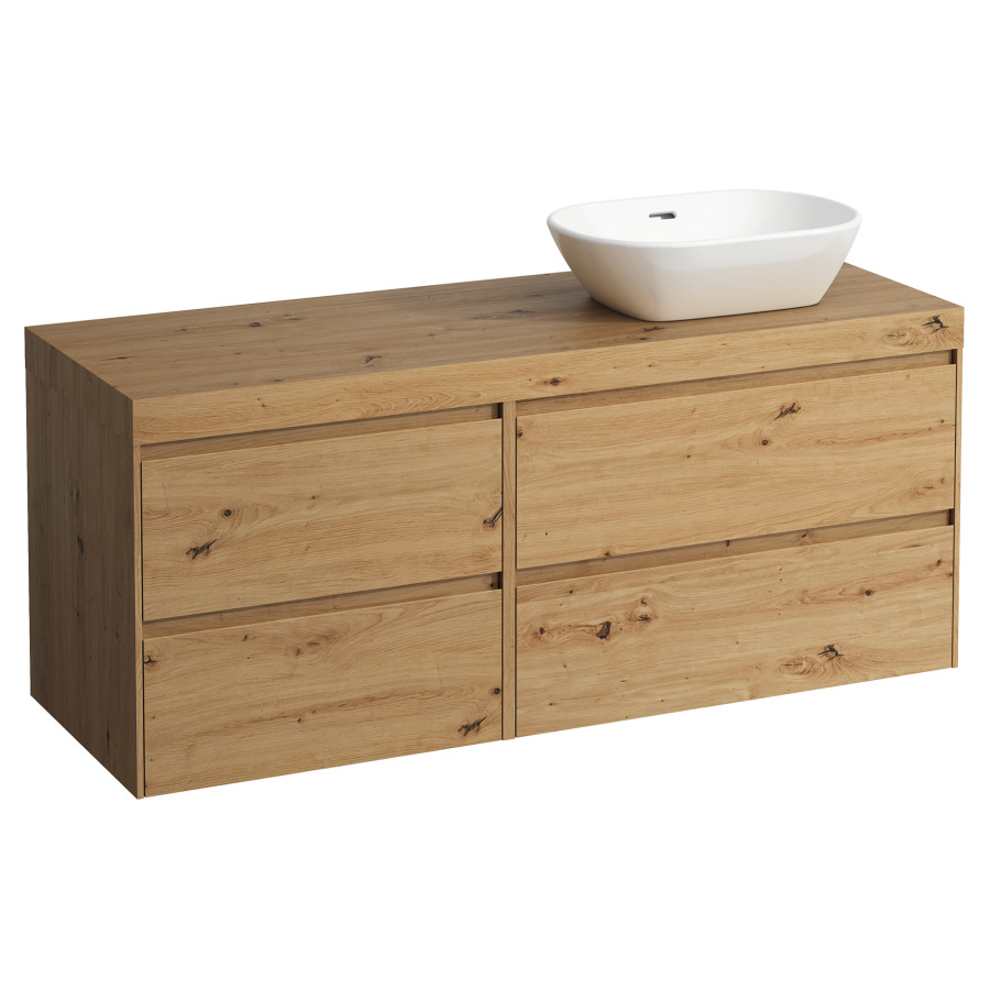 Waschtischmöbel LANI
137,0 x 58,0 x 49,5 cm
Waschtischplatte Eiche
für Aufsatzwaschtisch
Ausschnitt rechts
2 Schubladenelemente
(80/60 cm), je 2 Schubladen